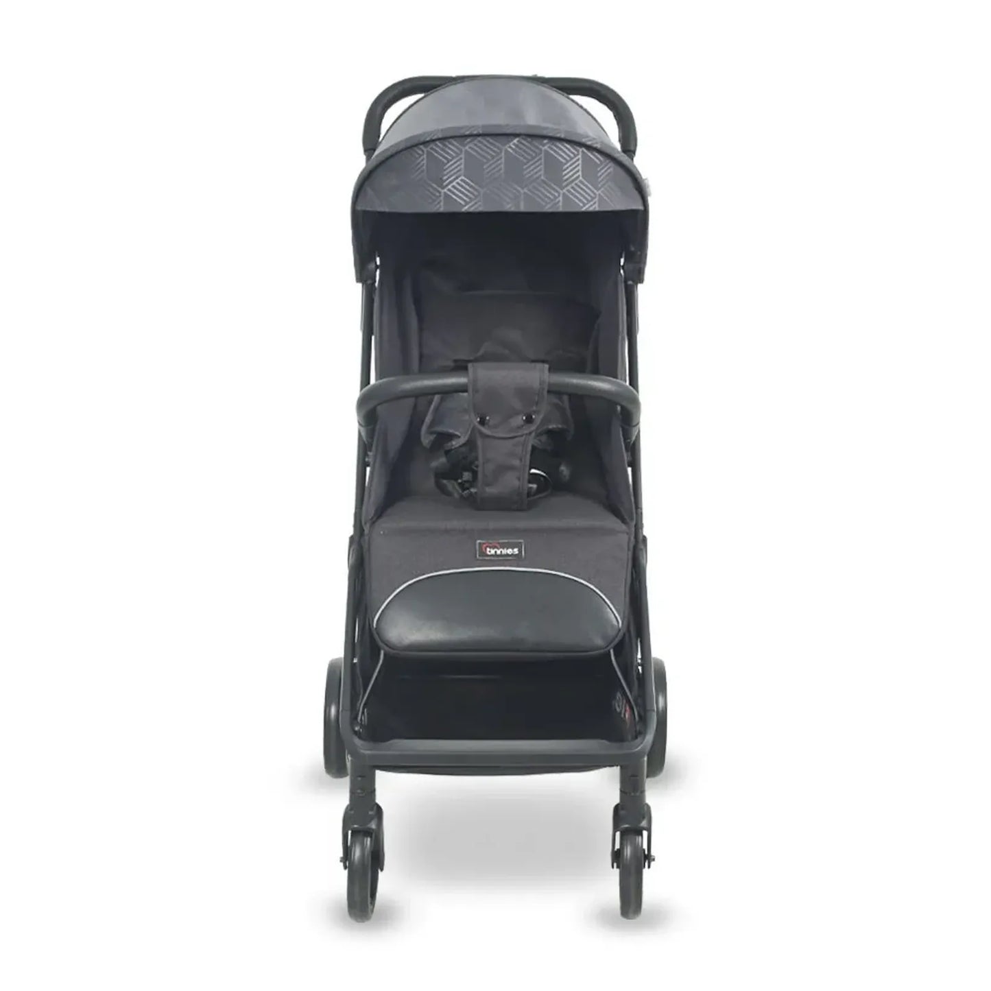 Gray stroller with a visible brand logo on a white background