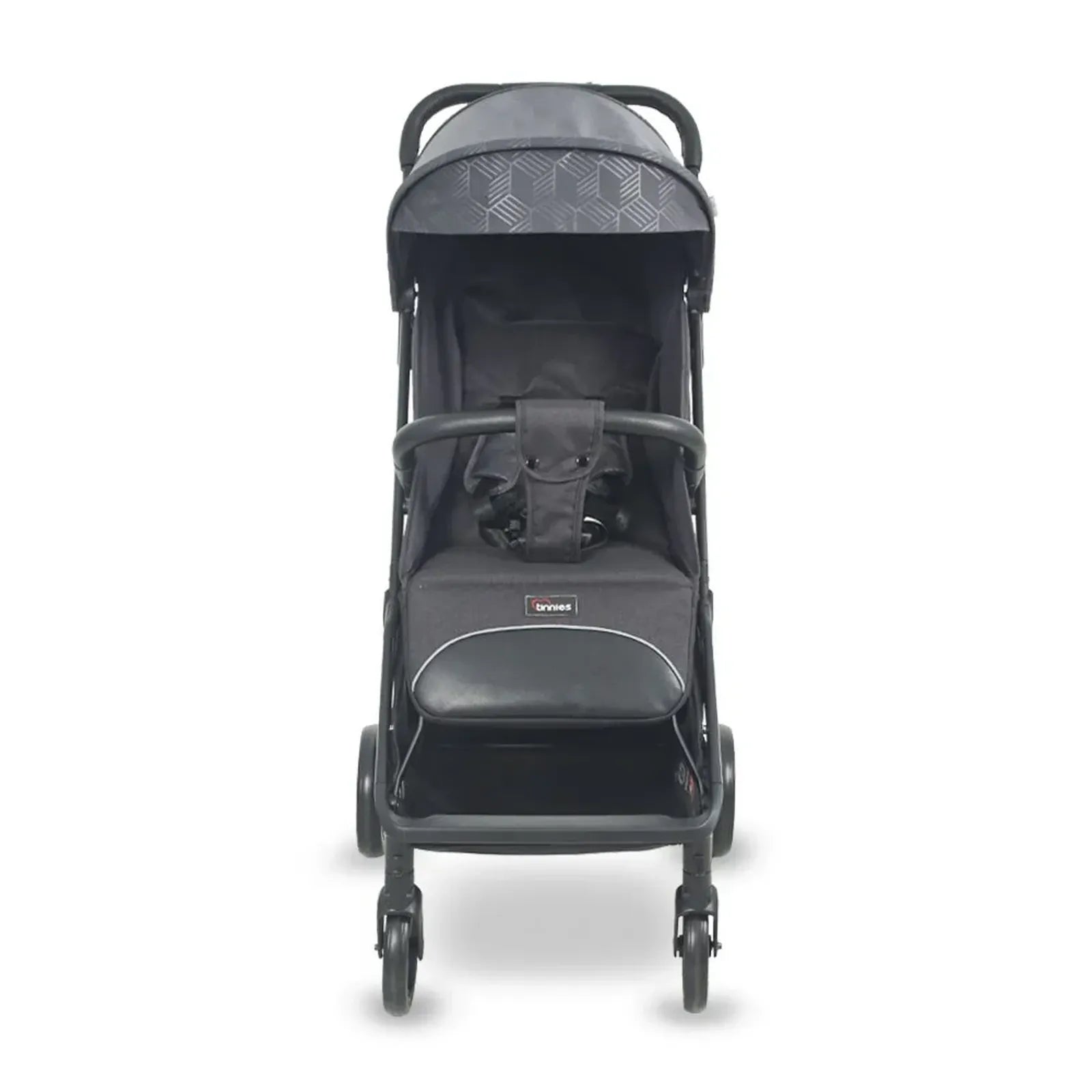 Gray stroller with a visible brand logo on a white background