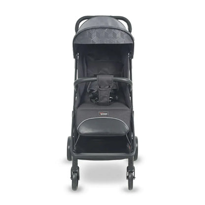 Gray stroller with a visible brand logo on a white background