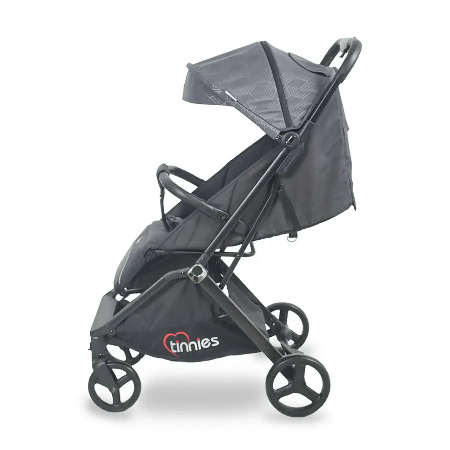Black stroller with canopy on a white background, featuring the brand .