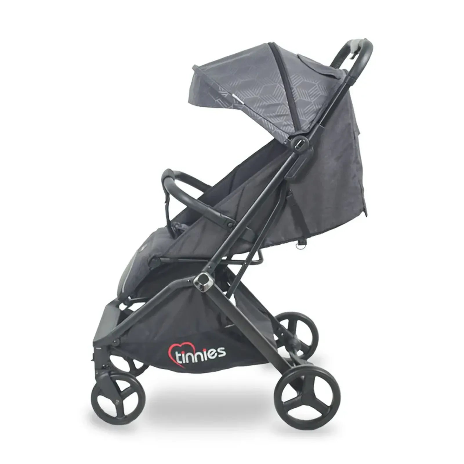 Black stroller with canopy on a white background, featuring the brand .