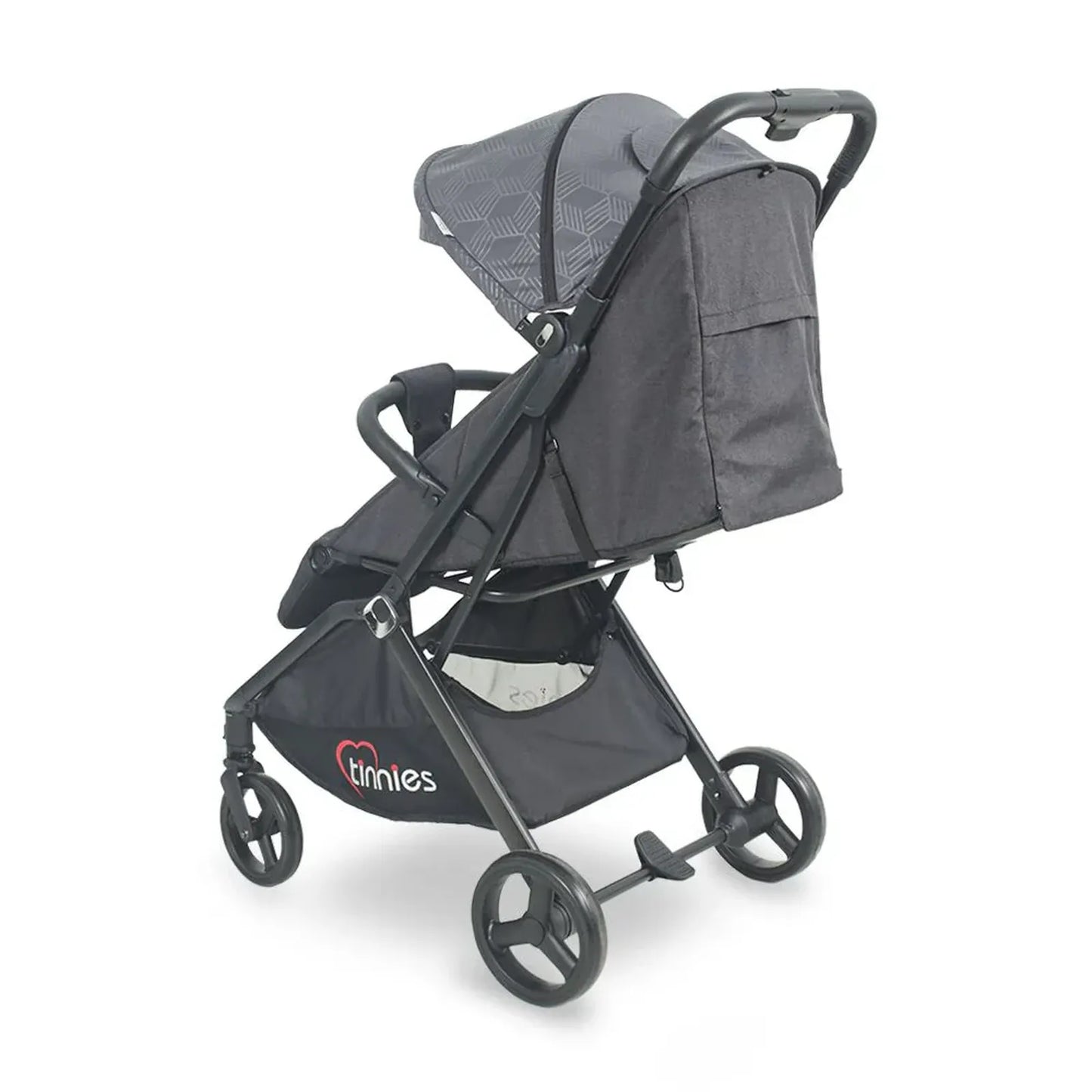 Gray stroller with branding on a white background