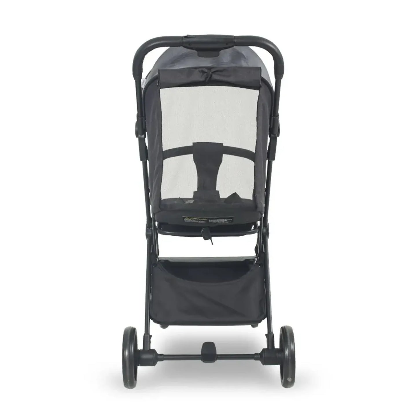 Black stroller with mesh window on a white background