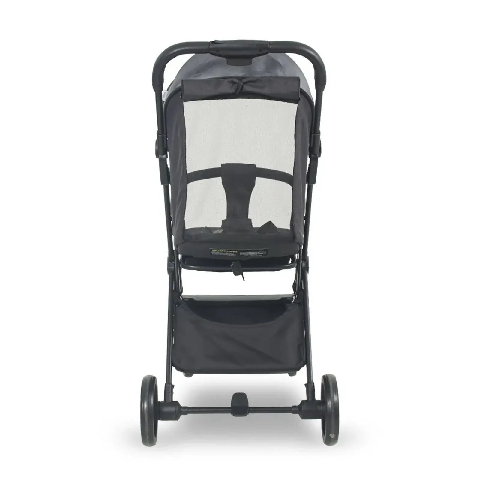 Black stroller with mesh window on a white background