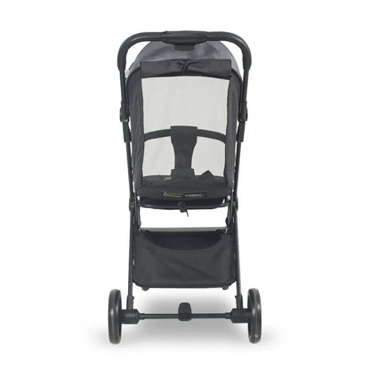 Black stroller with mesh window on a white background