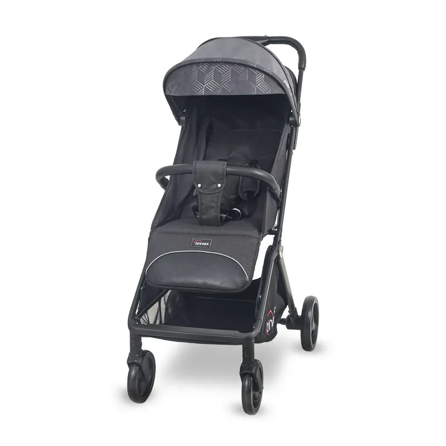 Black stroller with geometric pattern on a white background