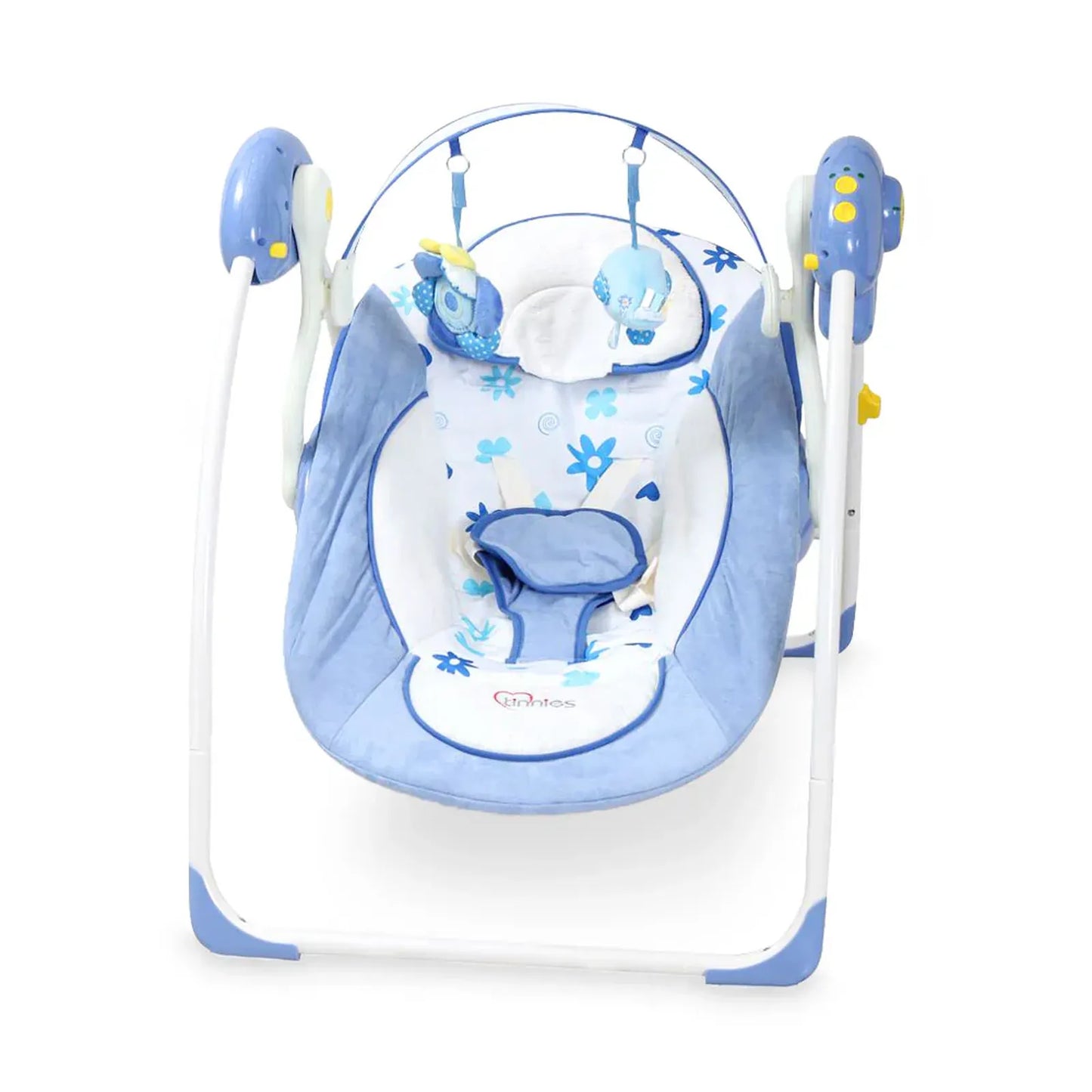 Blue baby swing with star patterns on a white background