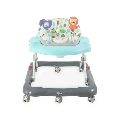 Baby walker with colorful seat and wheels on a white background