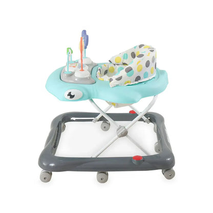 Baby walker with colorful seat and toy bar on a white background