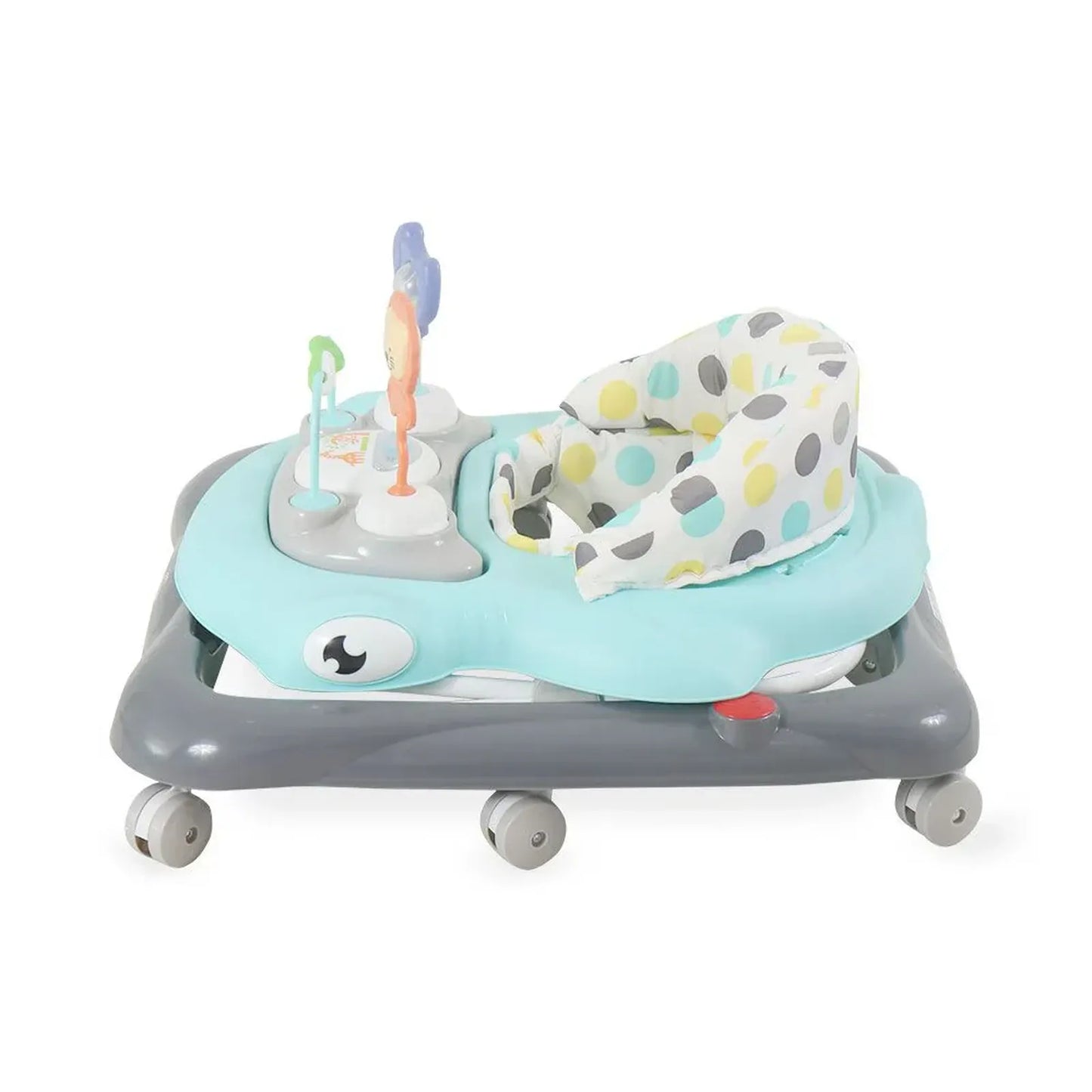 Baby walker with colorful seat and toys on a white background