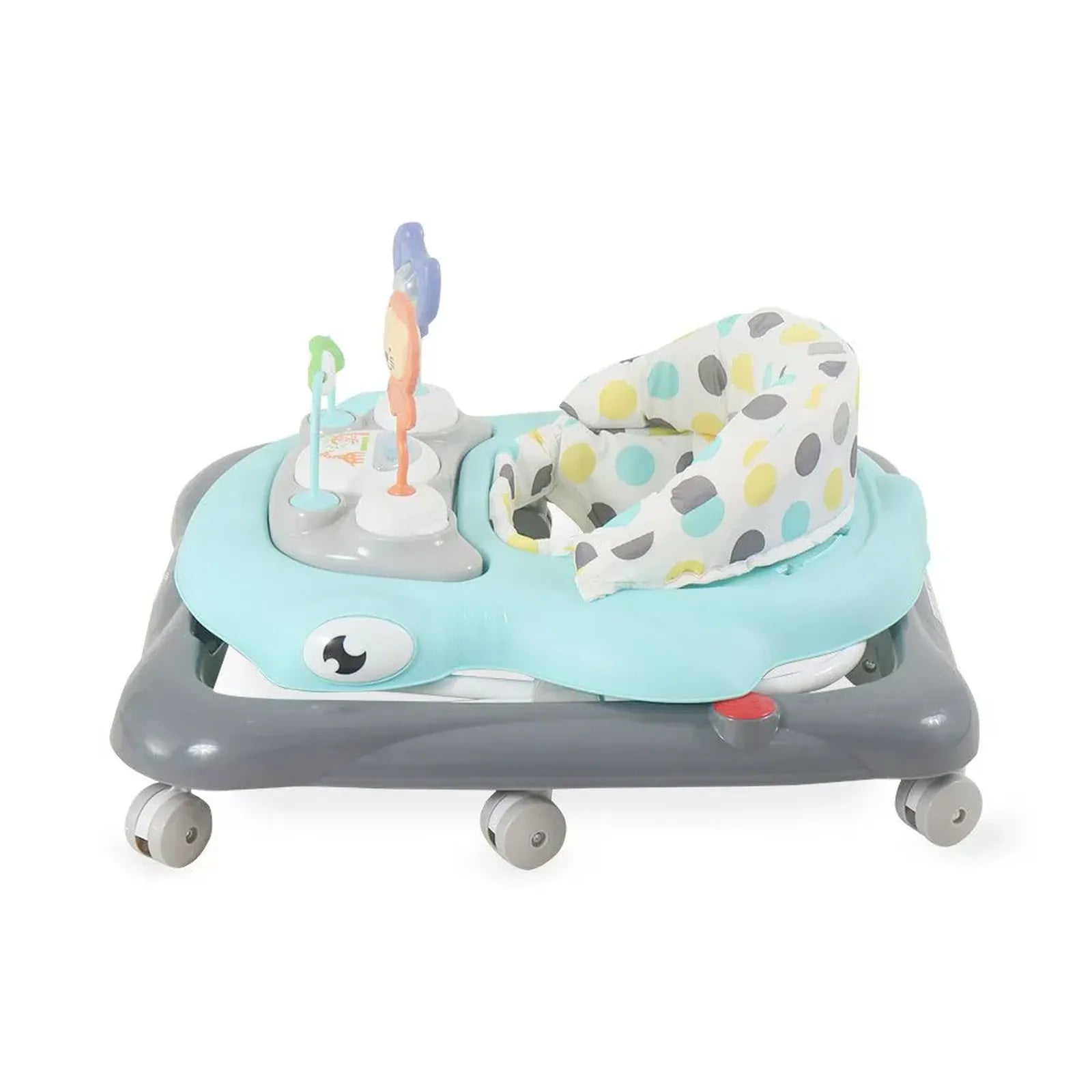 Baby walker with colorful seat and toys on a white background