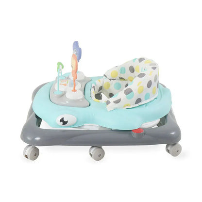 Baby walker with colorful seat and toys on a white background
