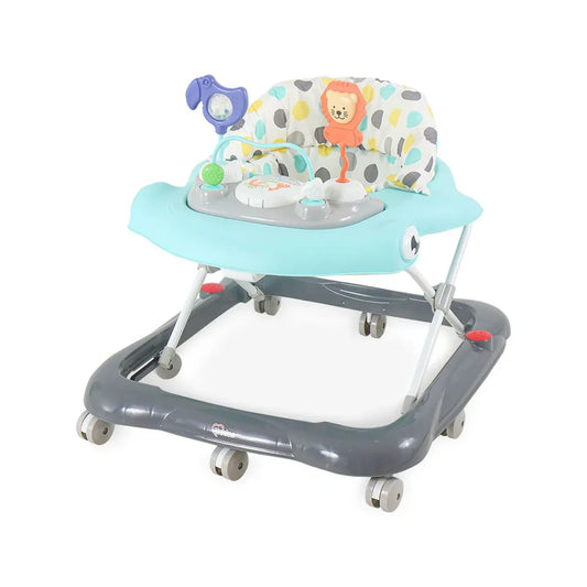 Baby walker with colorful seat and toy on a white background