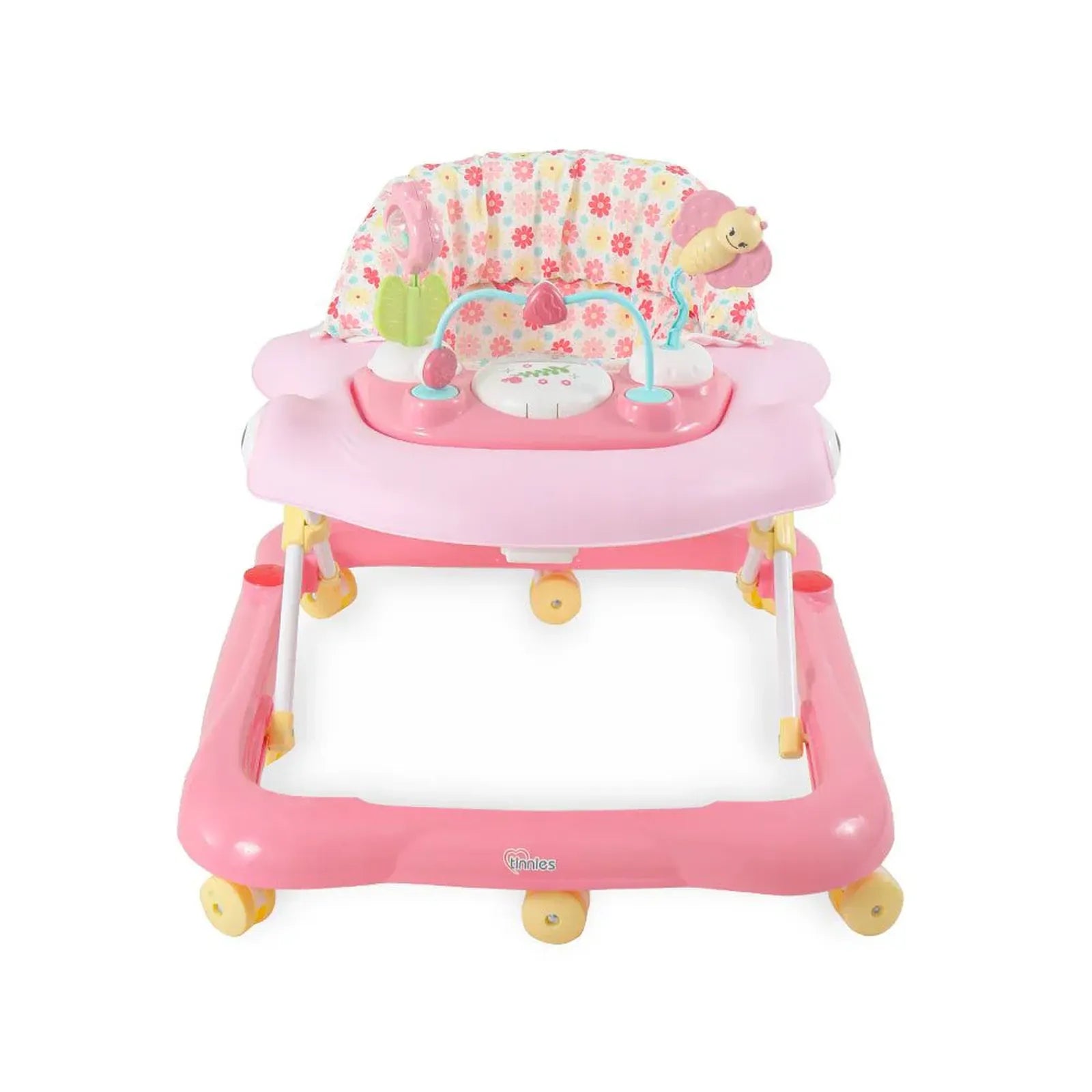 Pink baby walker with floral seat on a white background