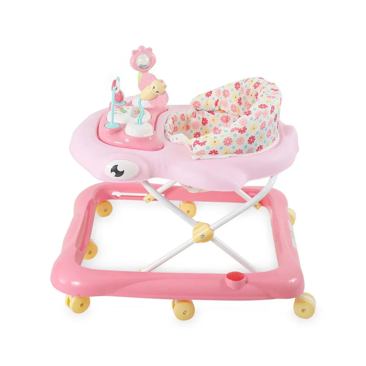 Pink baby walker with toys on a white background