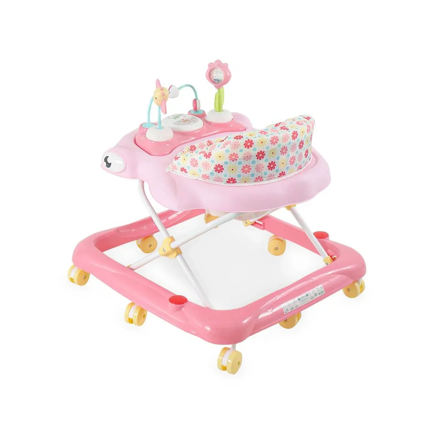 Pink baby walker with floral cushion on a white background