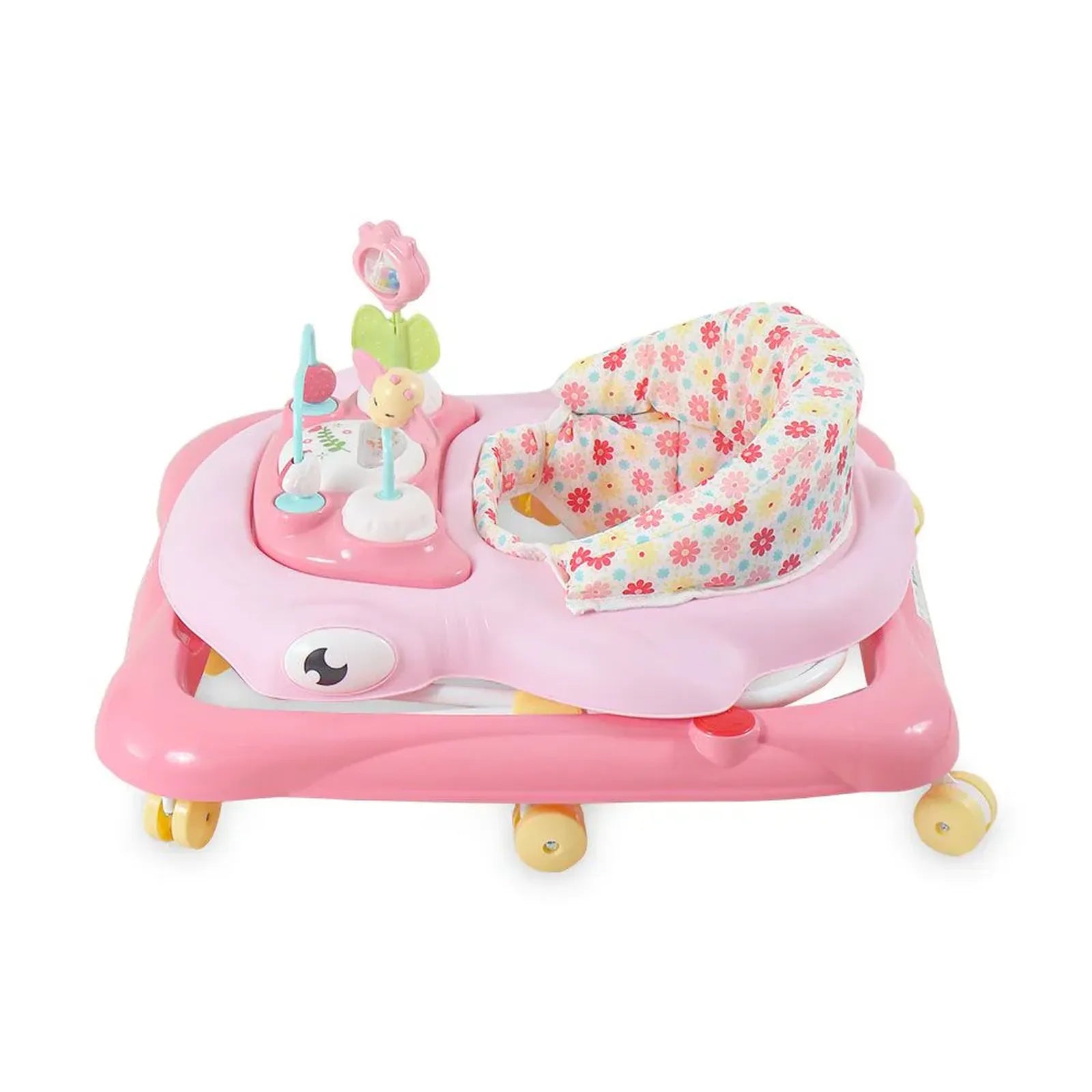 Pink baby walker with floral seat and toys on a white background