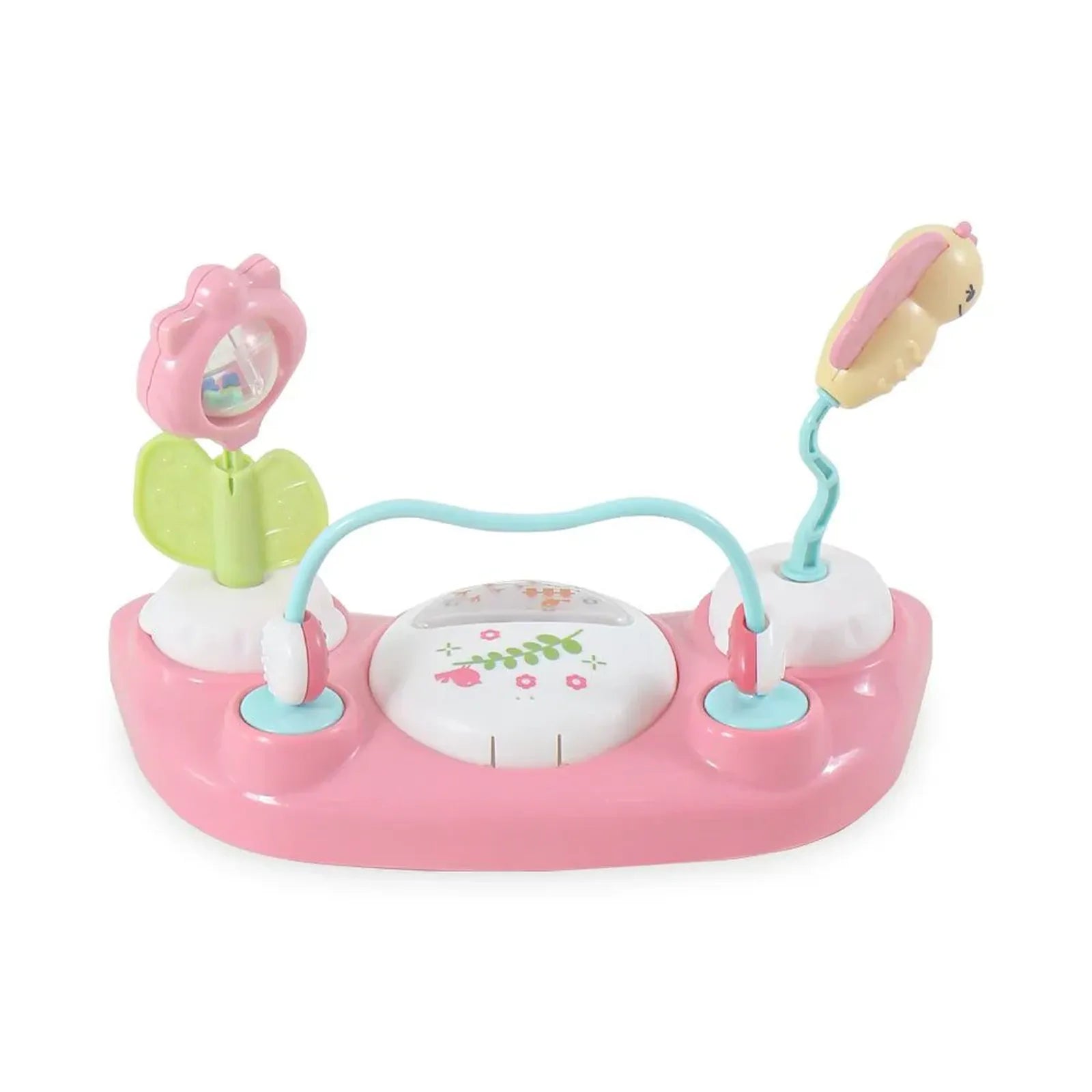 Pink baby activity center with toys on a white background