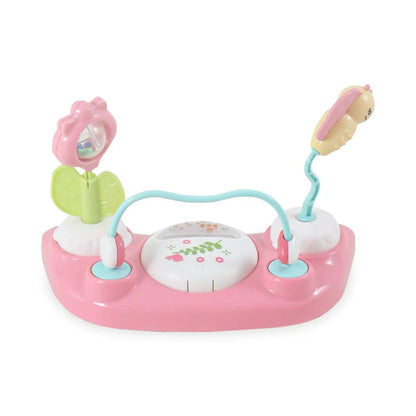 Pink baby activity center with toys on a white background