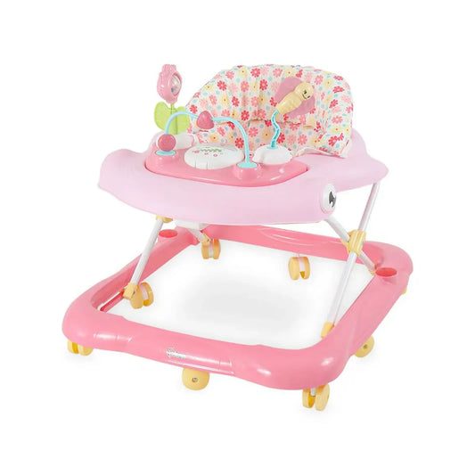 Pink baby walker with floral seat on a white background