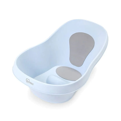 Light blue baby bath seat with gray padding on a white background