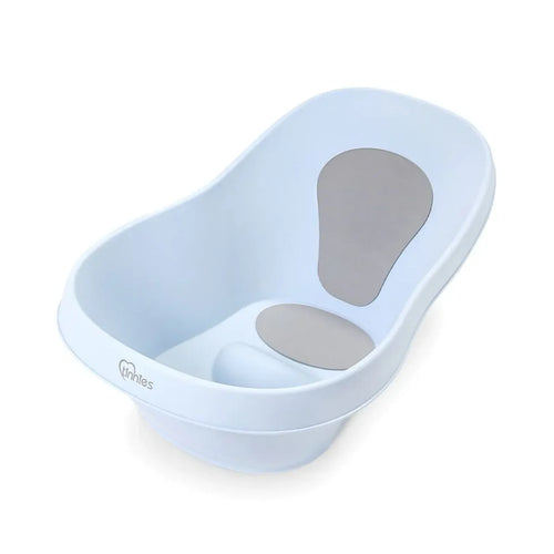 Light blue baby bath seat with gray padding on a white background