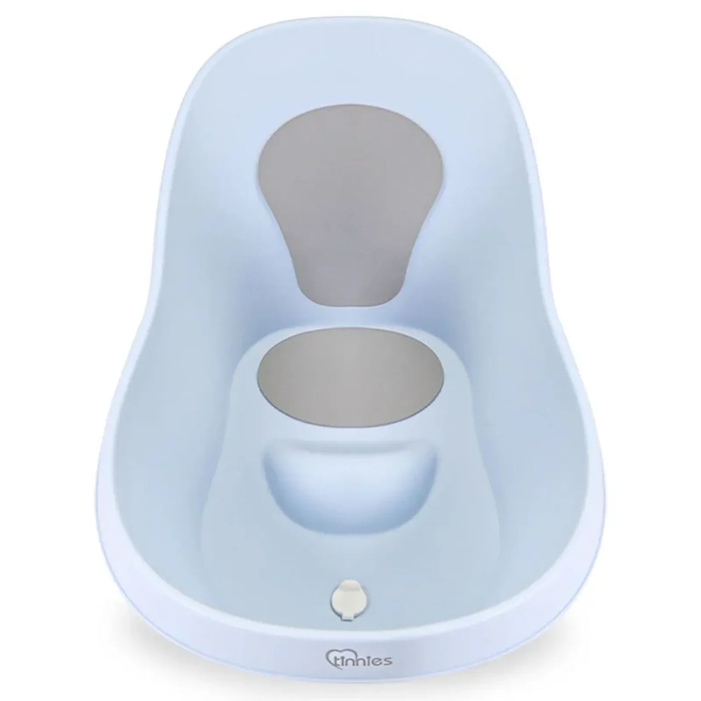 Light blue children's potty seat with gray interior on a white background