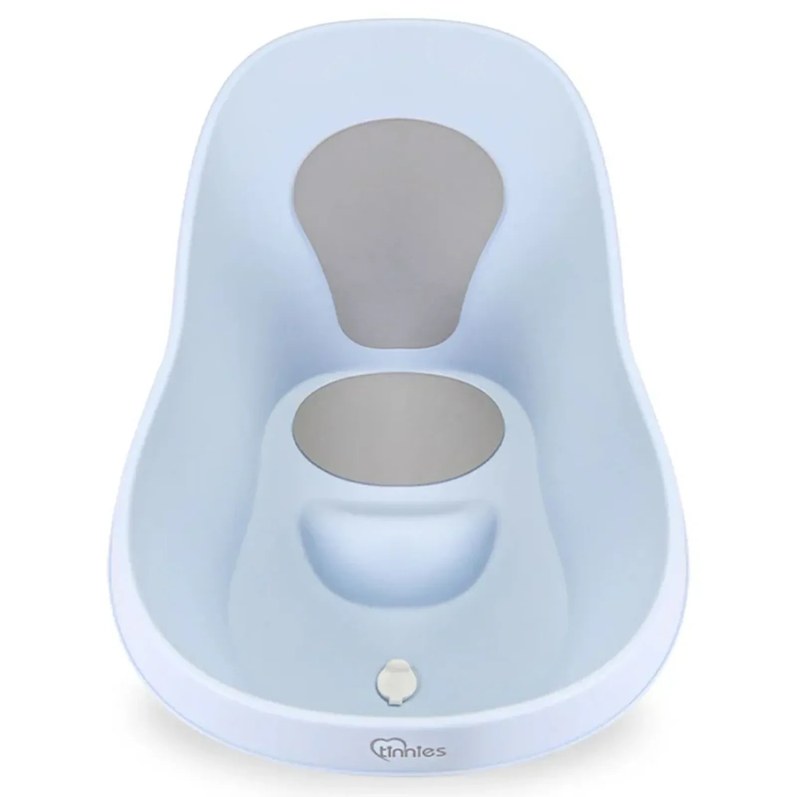 Light blue children's potty seat with gray interior on a white background