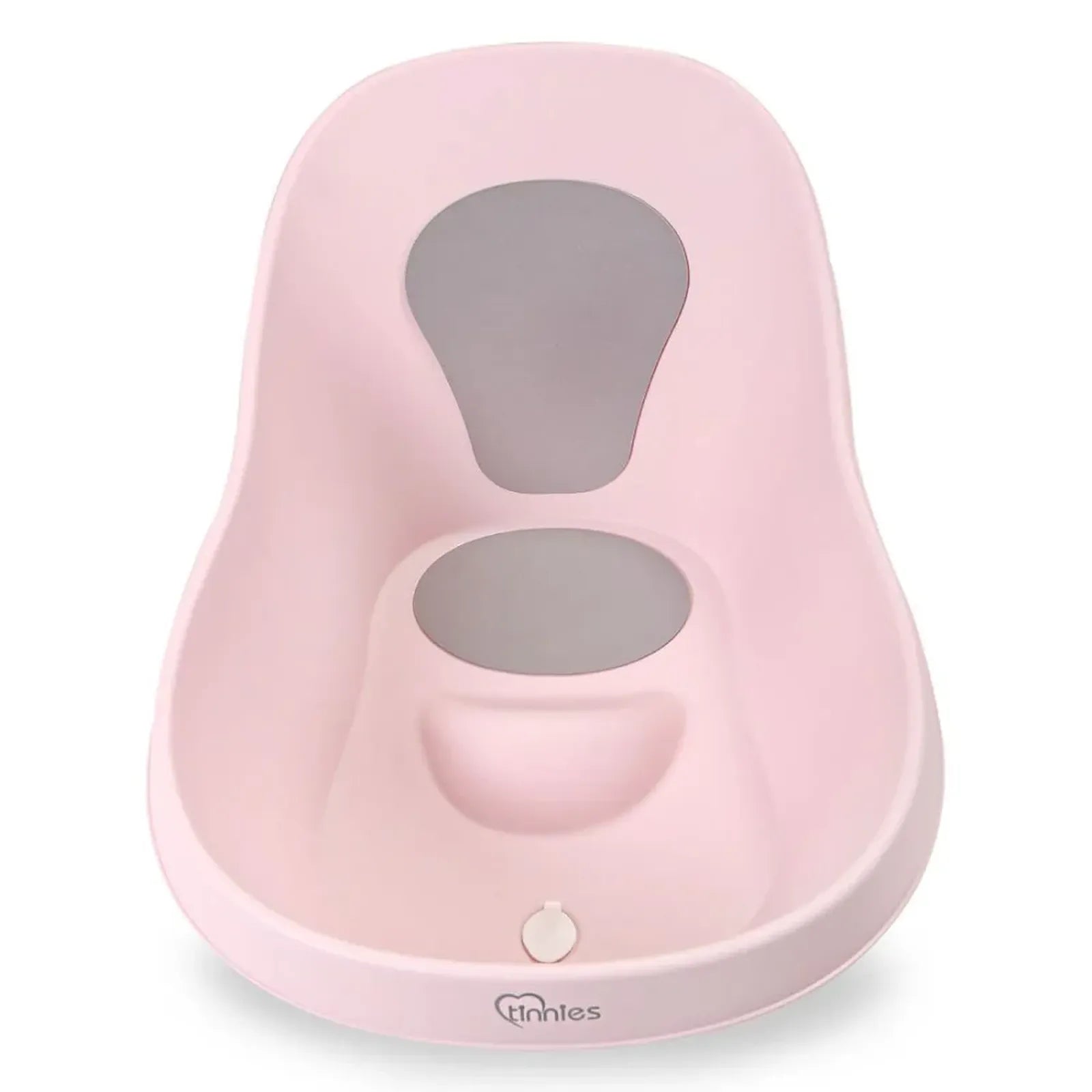 Pink and gray baby seat with 'Mintes' branding on a white background