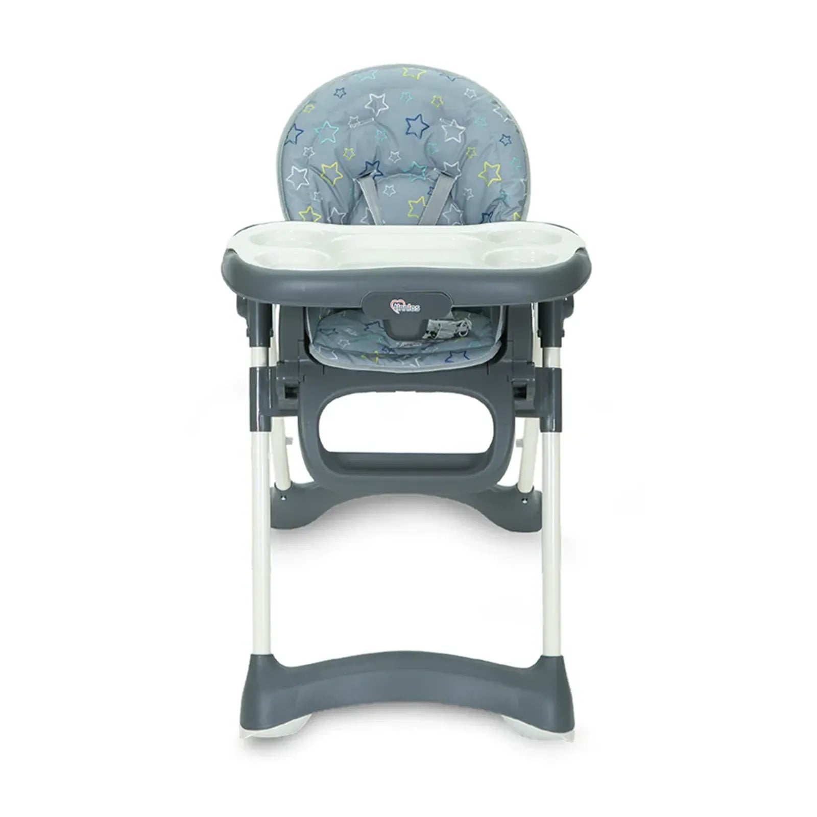 Gray high chair with star patterned backrest on a white background