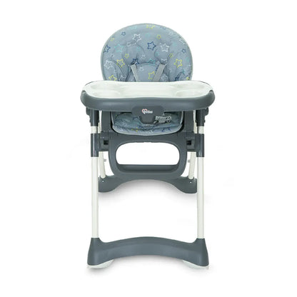 Gray high chair with star patterned backrest on a white background