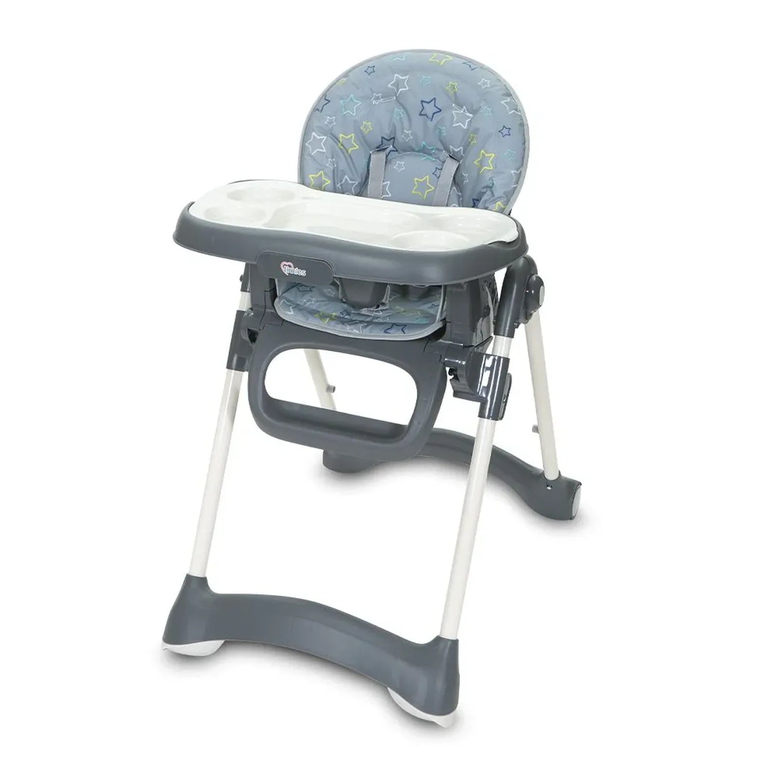 Baby high chair with star patterned seat on a white background