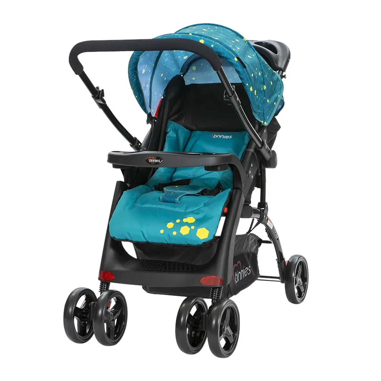 Turquoise baby stroller with black frame on a white background