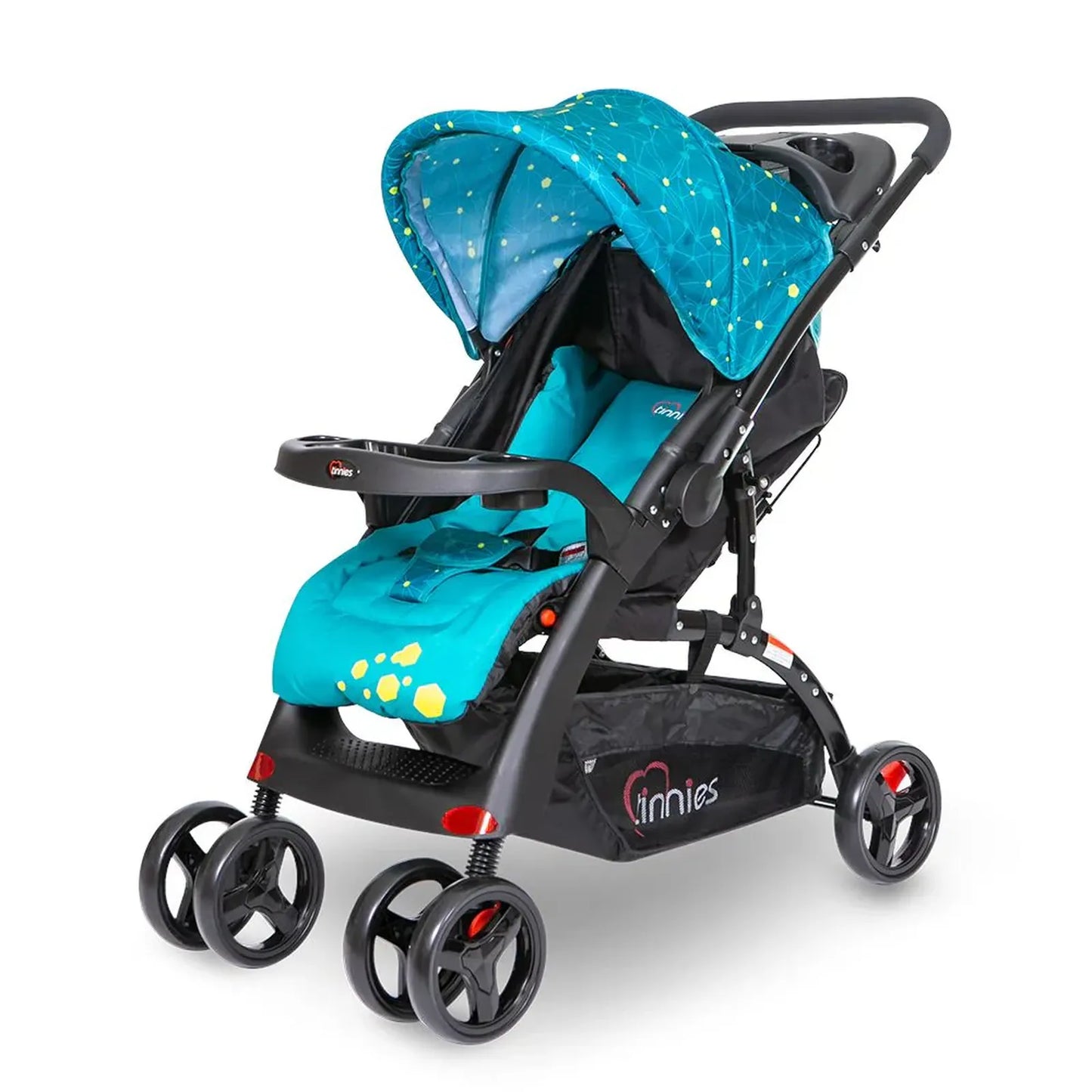 Turquoise baby stroller with canopy on a white background