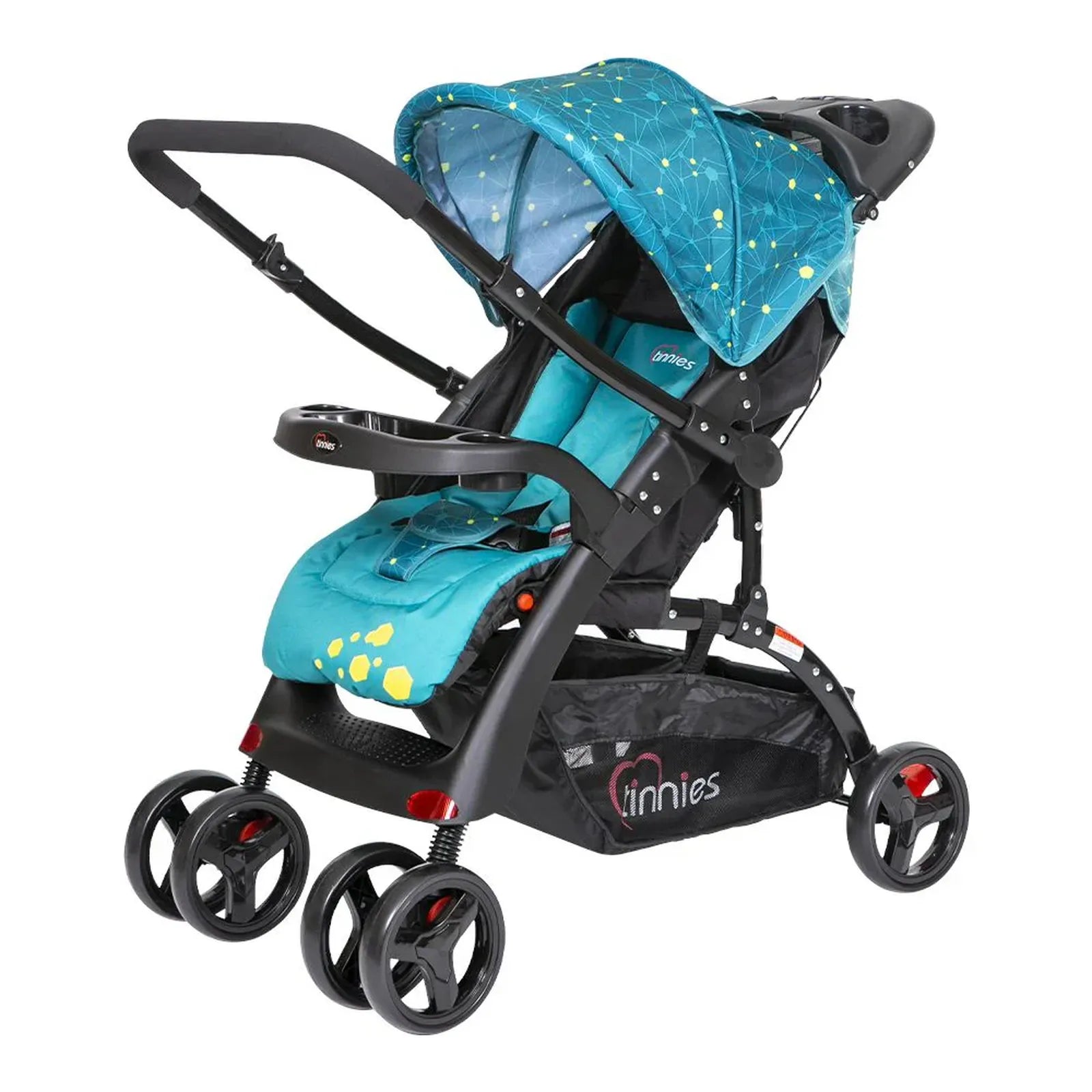 Turquoise baby stroller with canopy on a white background