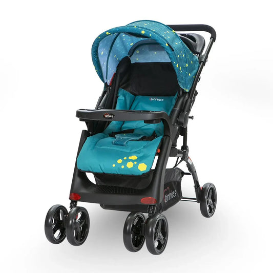 Turquoise stroller with black frame on a white background