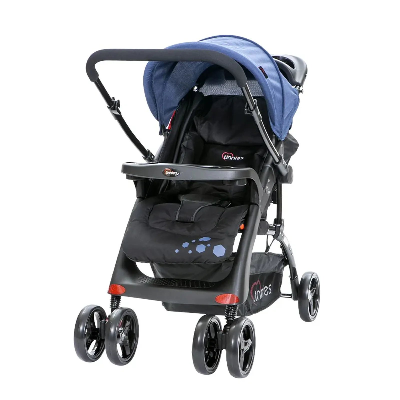 Black and blue stroller on a white background