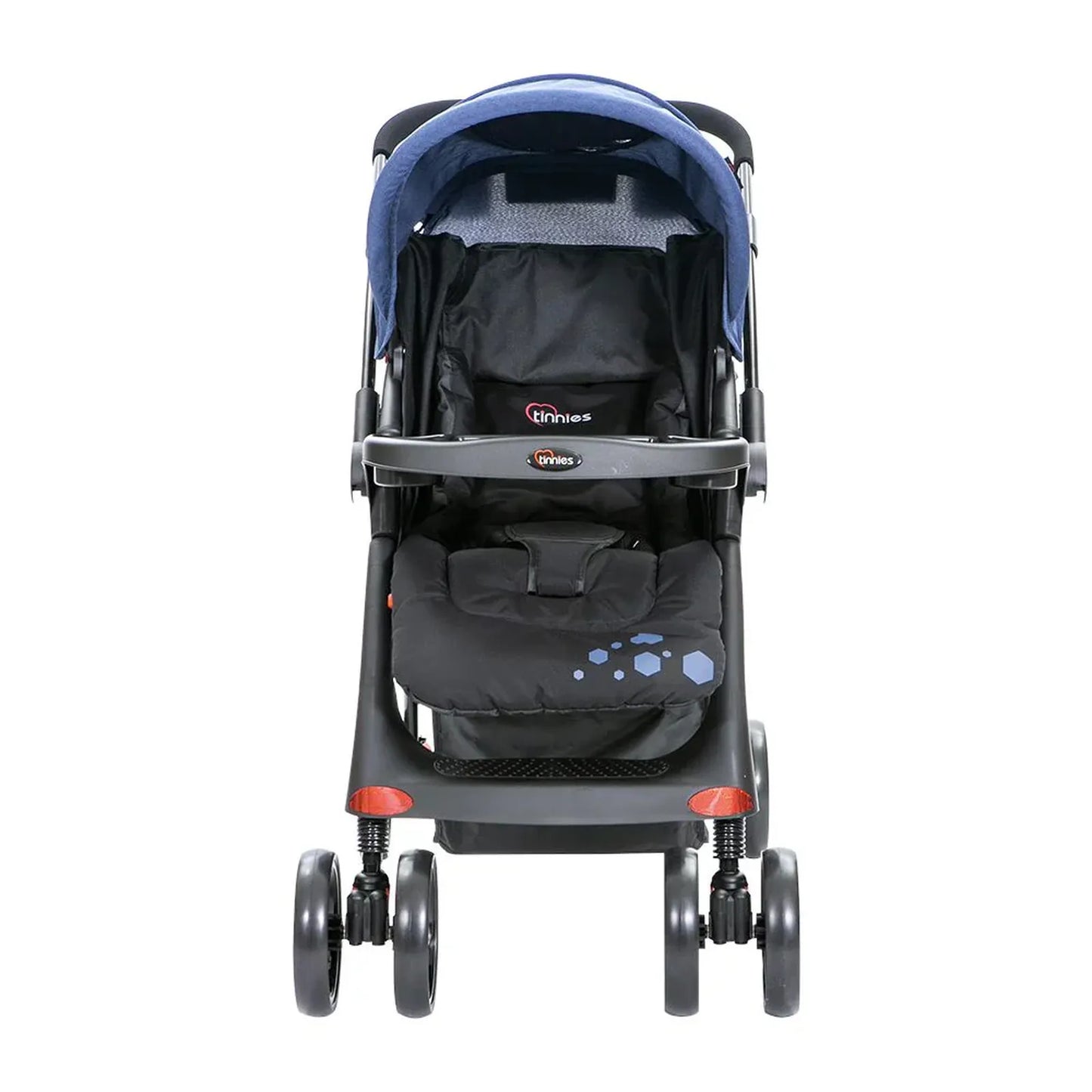 Black and blue baby stroller on a white background