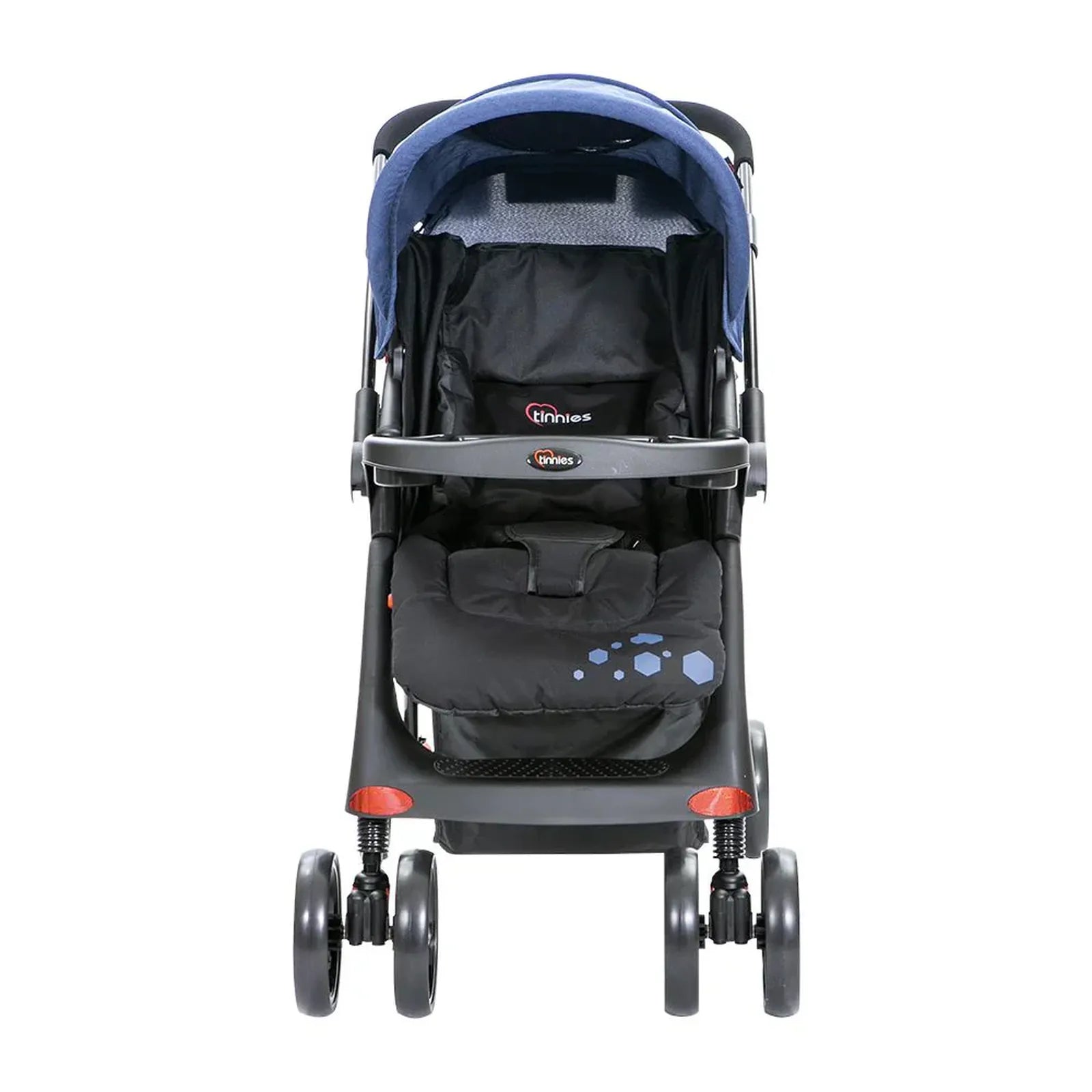 Black and blue baby stroller on a white background