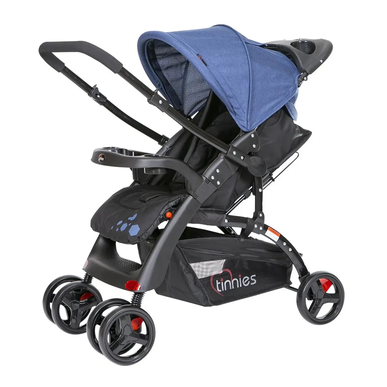 Black and blue stroller with branding on a white background