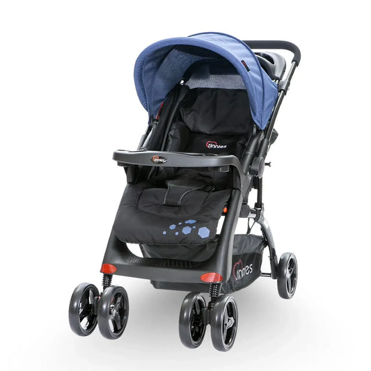 Baby stroller with blue canopy on a white background