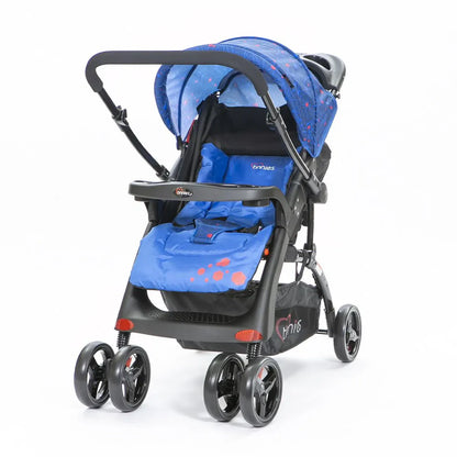 Blue baby stroller with black frame on a white background