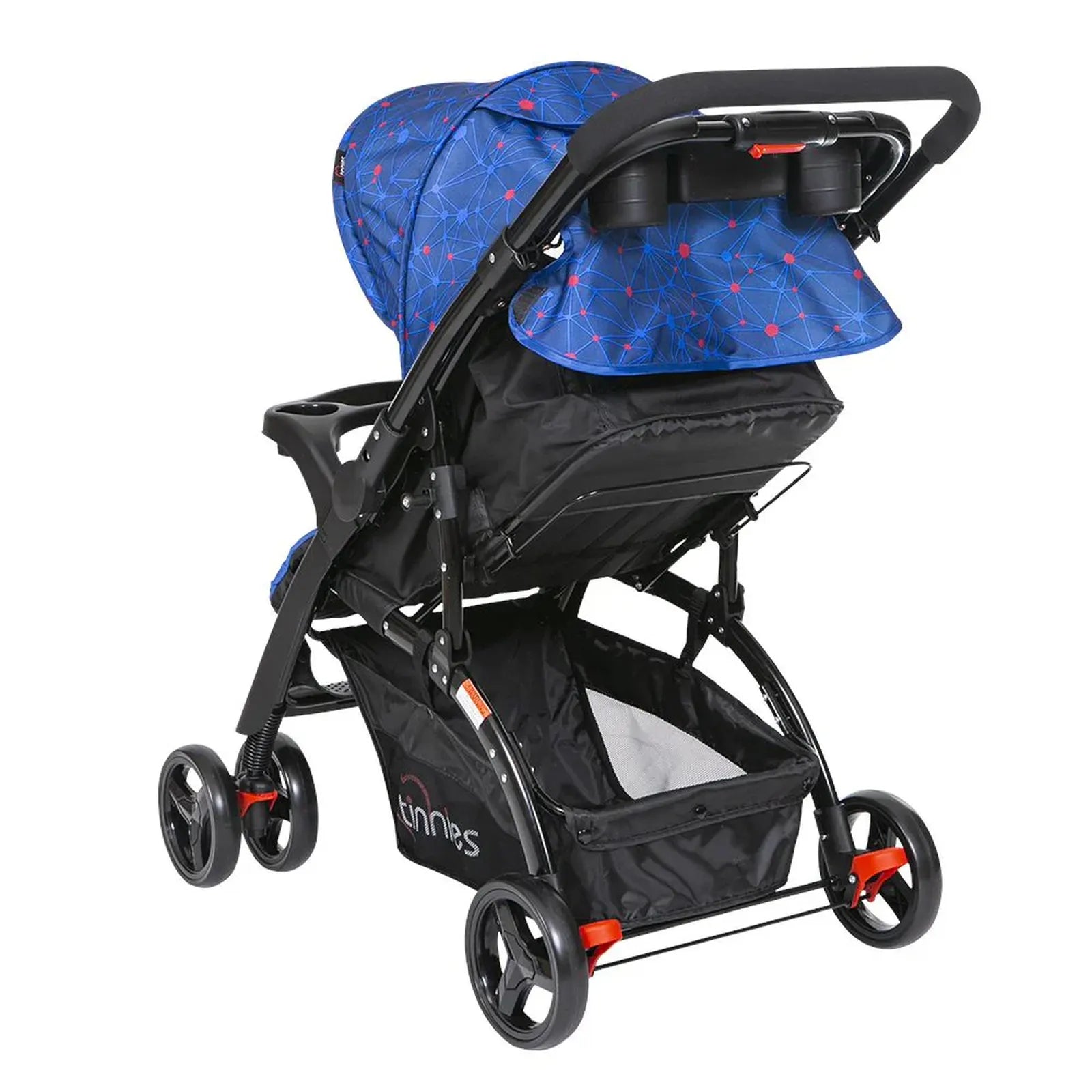 Black stroller with blue canopy on a white background