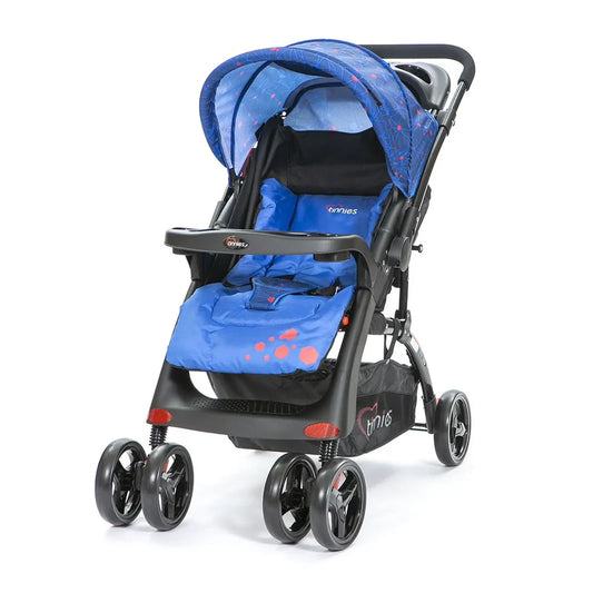 Blue stroller with black frame on a white background