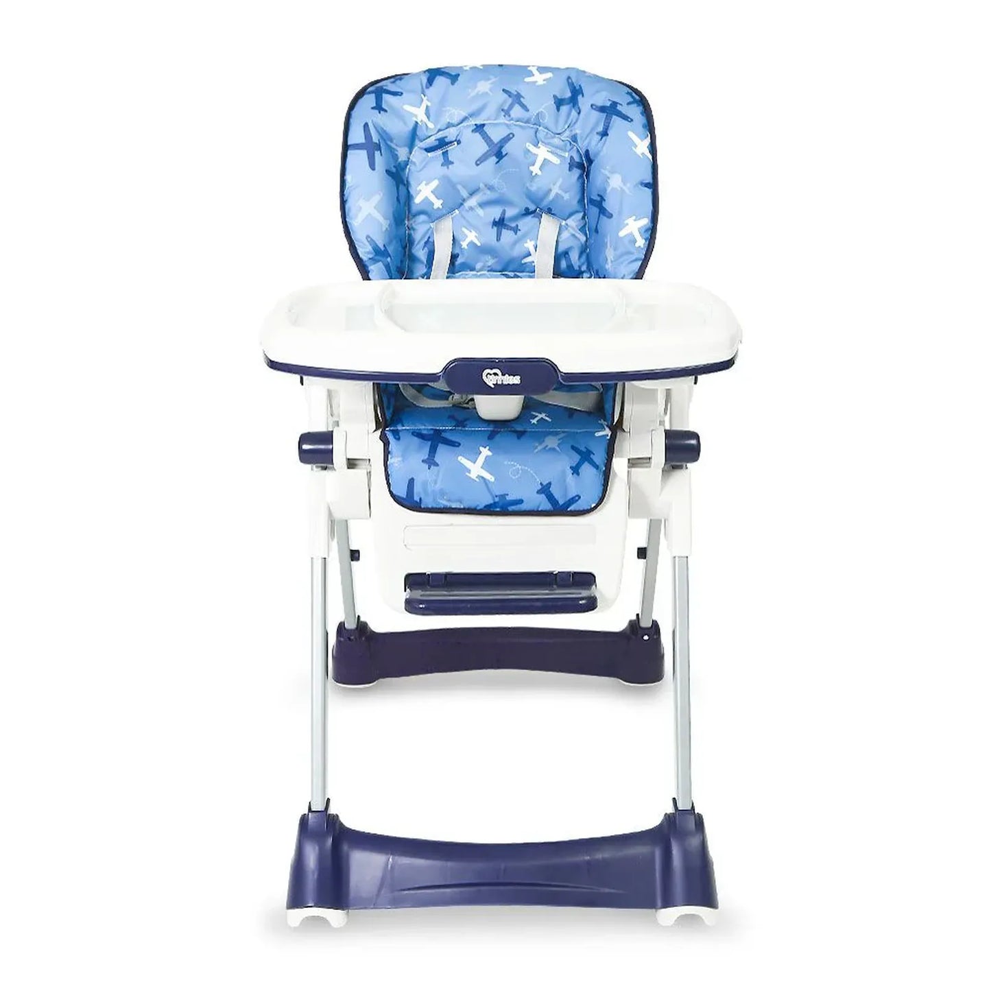 Blue and white high chair with airplane pattern on a white background