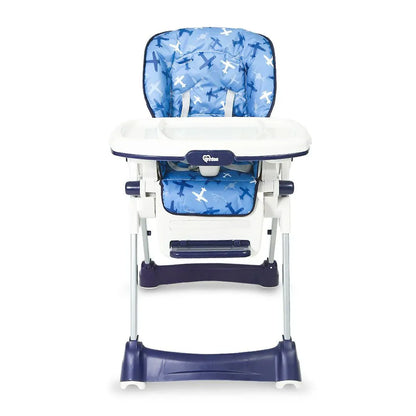 Blue and white high chair with airplane pattern on a white background