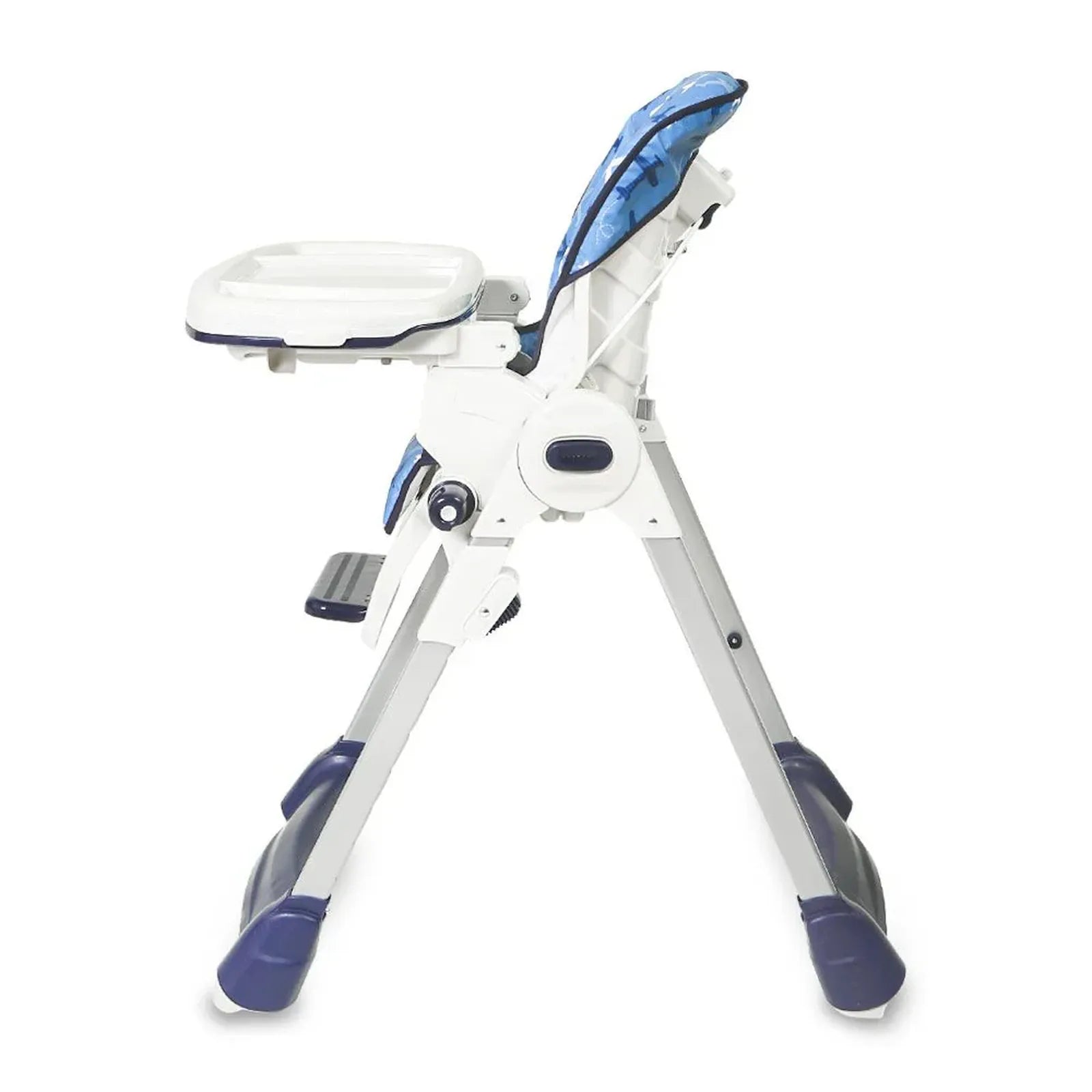 Foldable high chair with blue accents on a white background