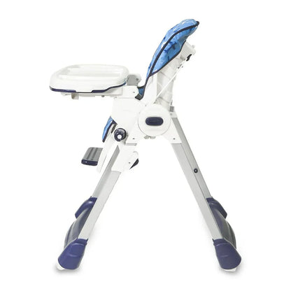 Foldable high chair with blue accents on a white background