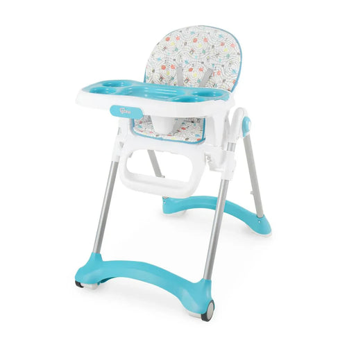 Children's high chair with blue base and seat, white frame, and patterned backrest on a white background