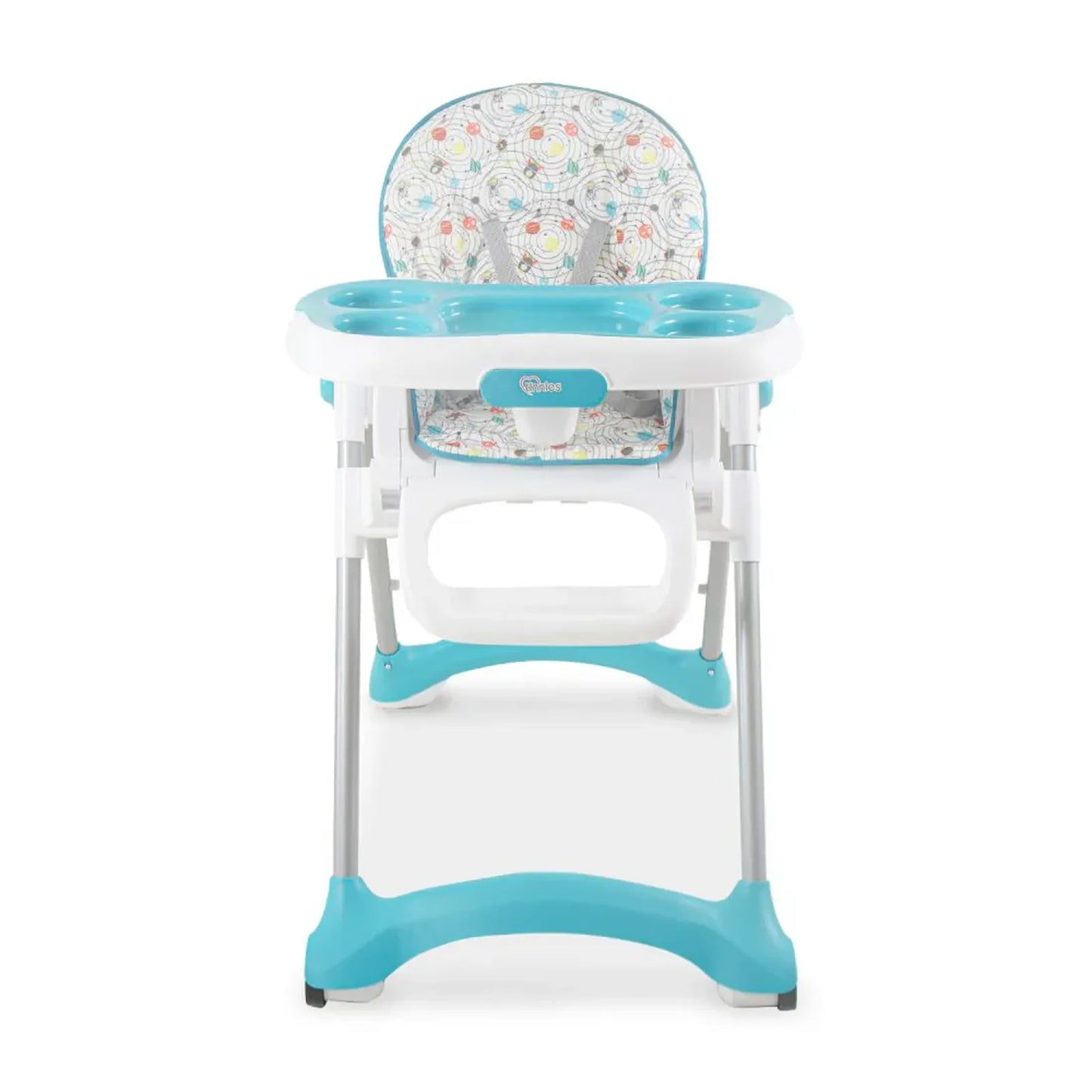 Children's high chair with blue base and seat cover on a white background